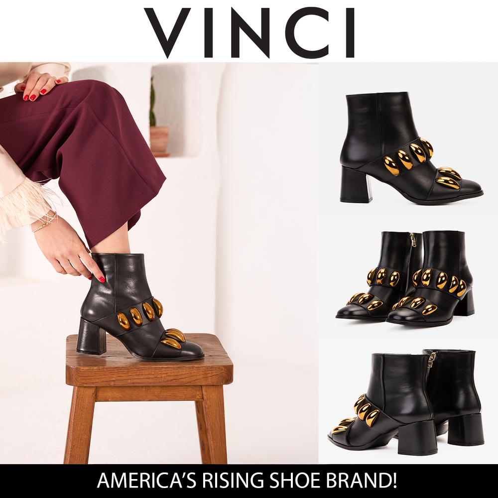 The Eclipse Black Gold Leather Block Heel Boot - Vinci Leather