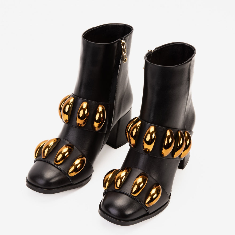 The Eclipse Black Gold Leather Block Heel Boot - Vinci Leather