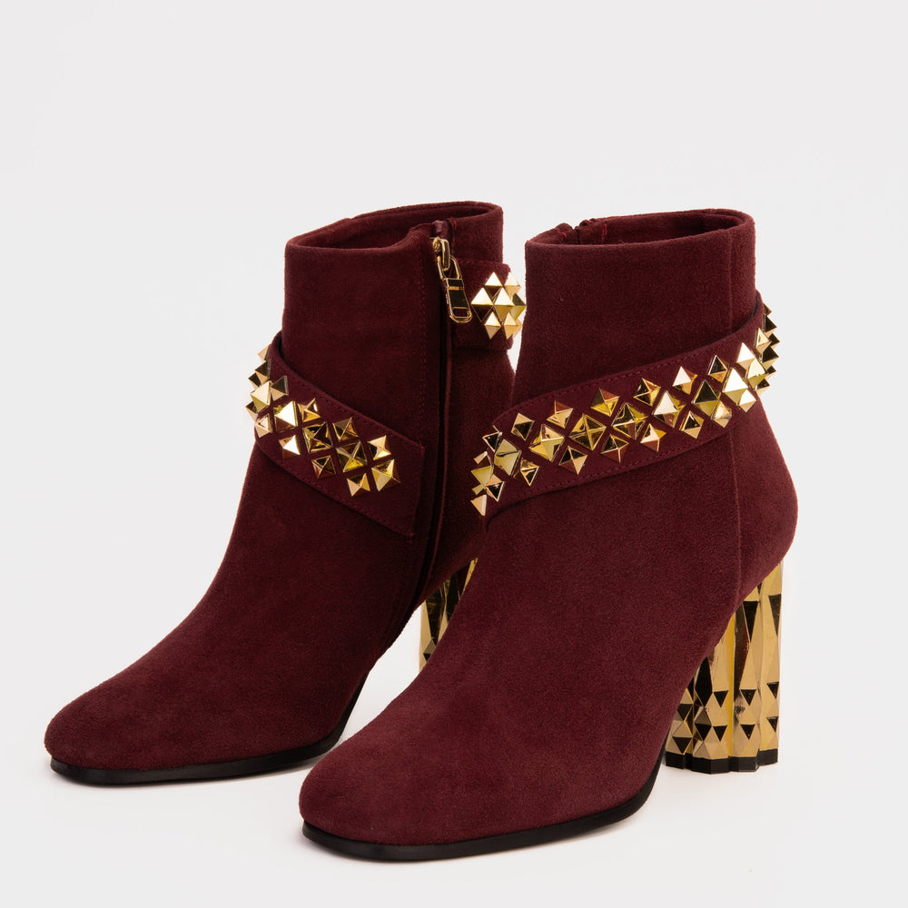 The Metal Burgundy Suede Leather Block Heel Boot - Vinci Leather