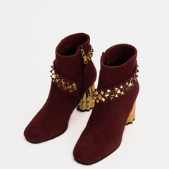 The Metal Burgundy Suede Leather Block Heel Boot - Vinci Leather