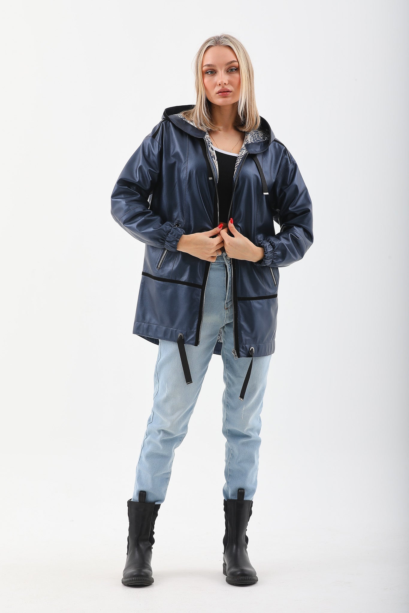 The Vega Navy Reversible Leather Jacket - Vinci Leather
