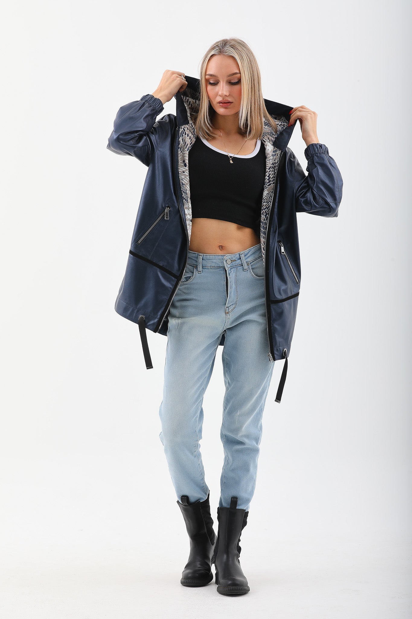 The Vega Navy Reversible Leather Jacket - Vinci Leather
