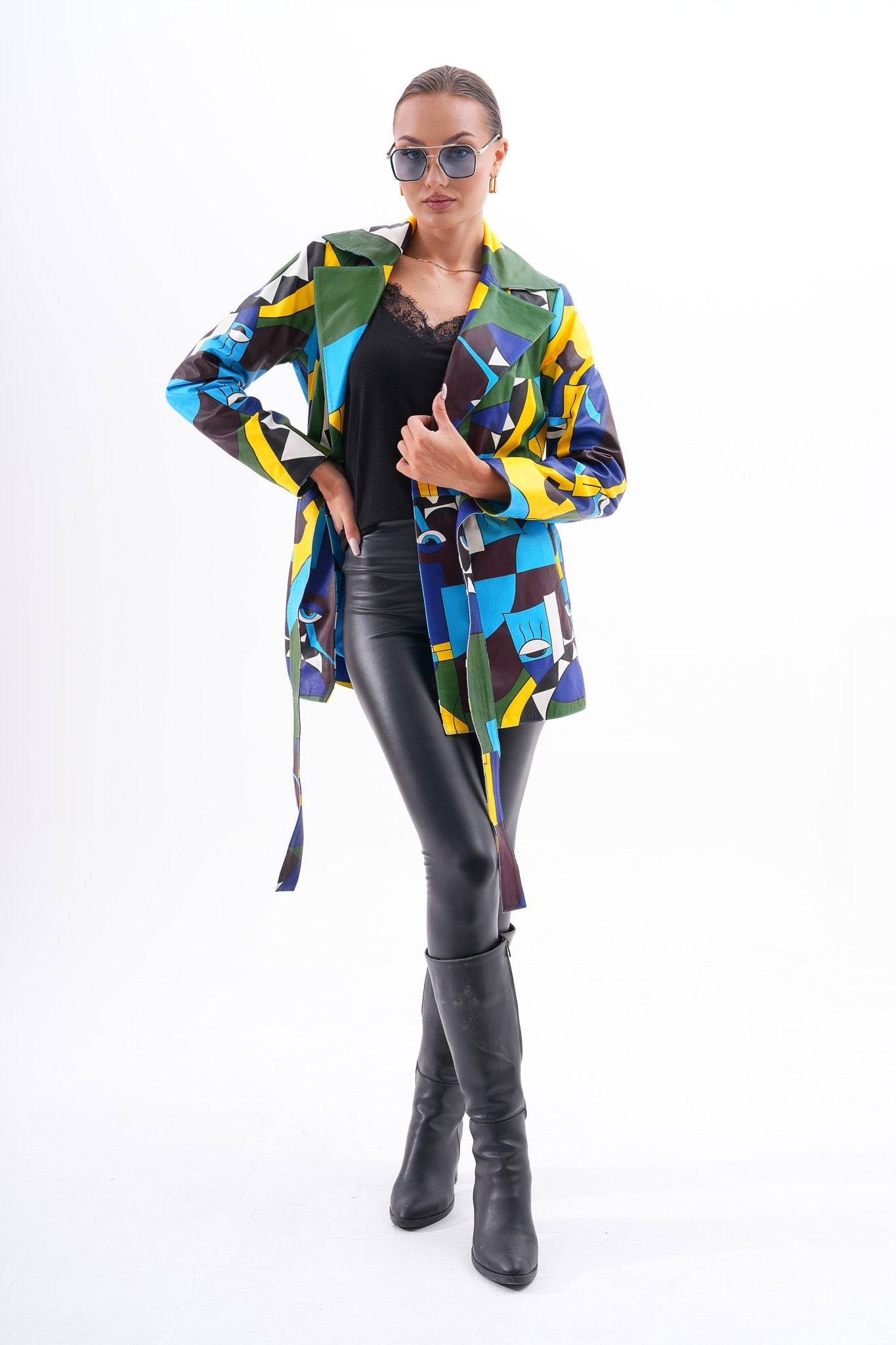 Sienna Abstract Art Leather Jacket – Blue Green Edition - Vinci Leather