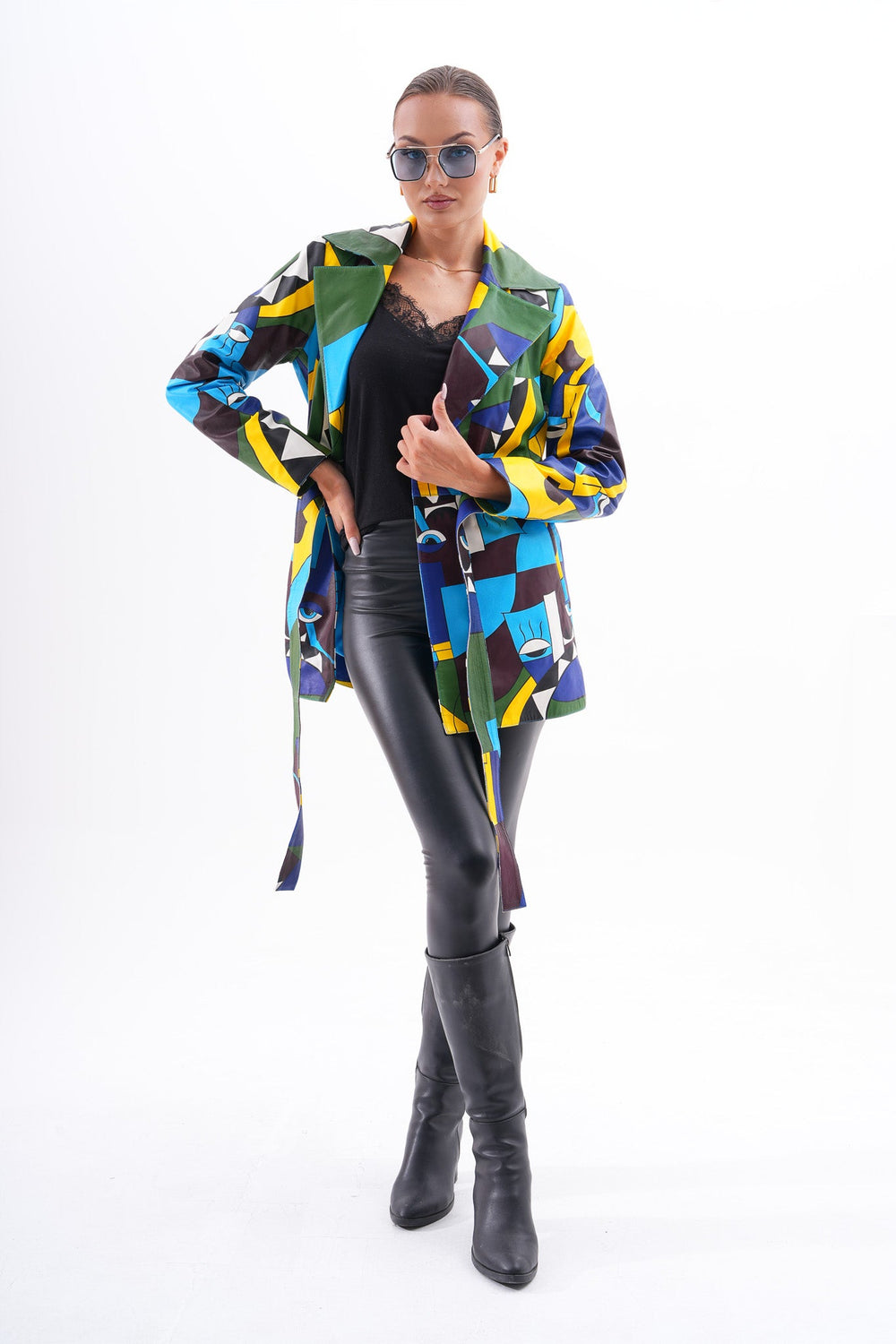 Sienna Abstract Art Leather Jacket – Blue Green Edition - Vinci Leather