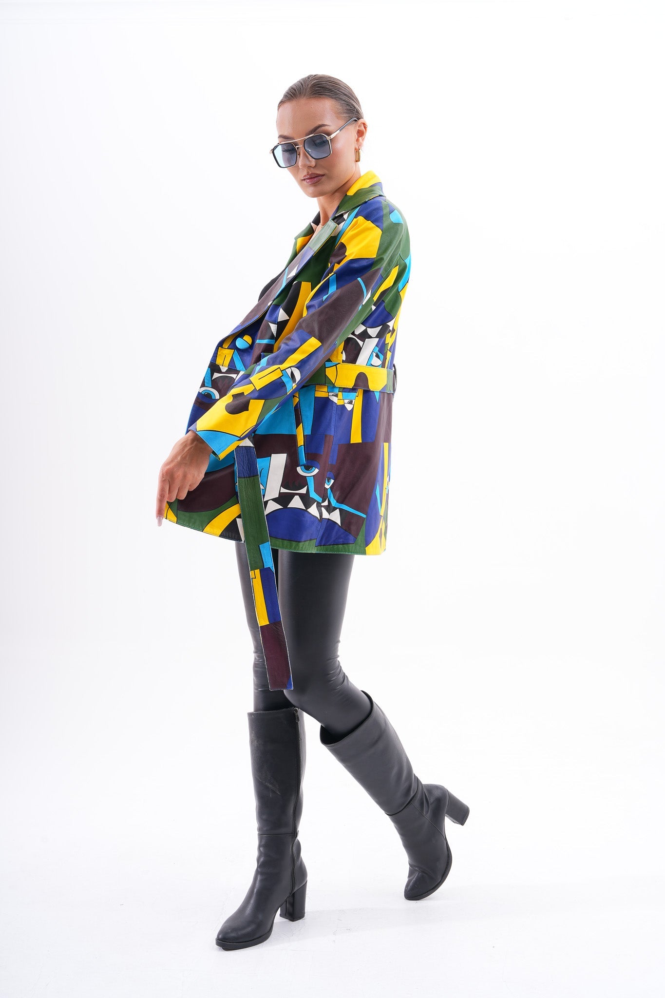 Sienna Abstract Art Leather Jacket – Blue Green Edition - Vinci Leather