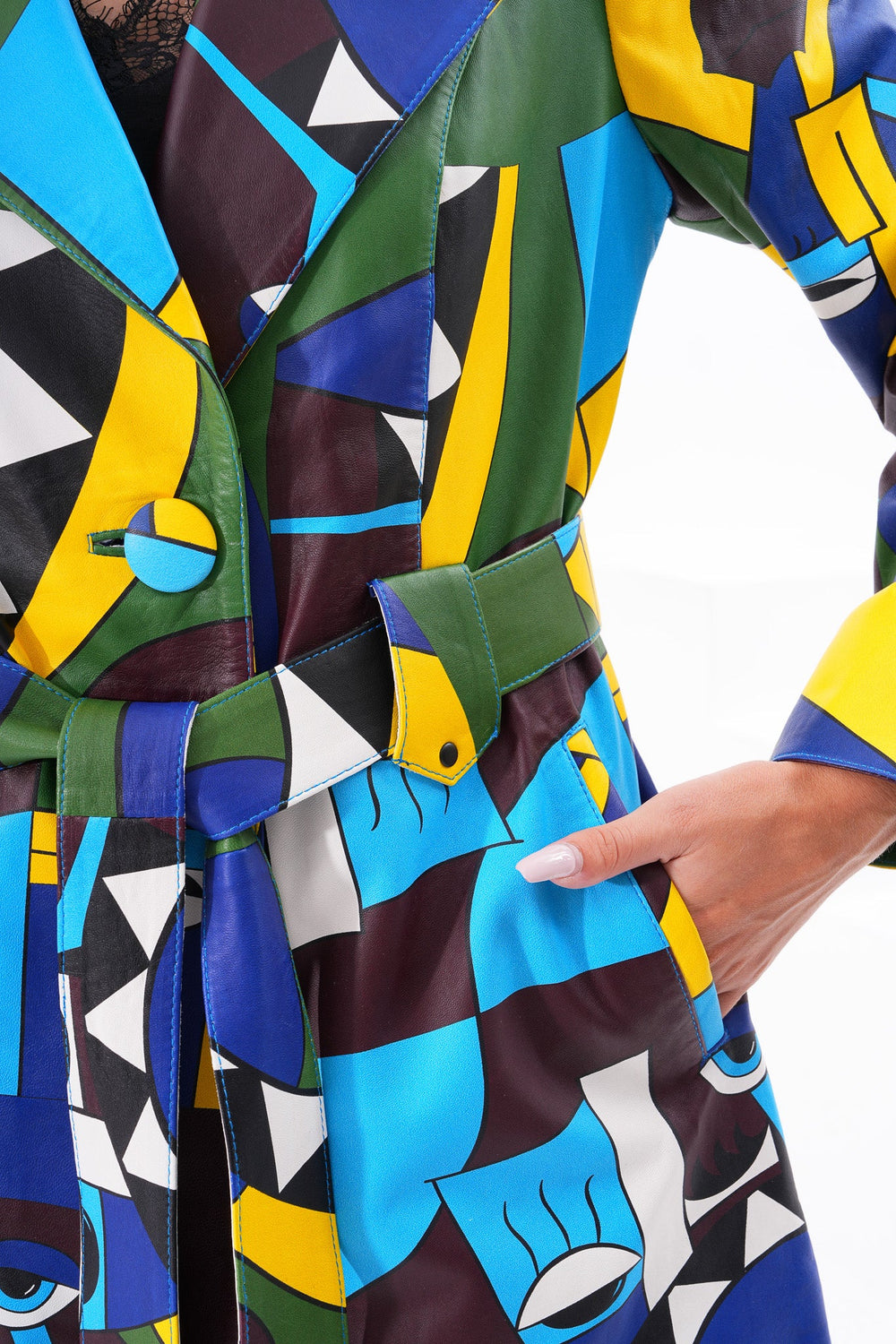 Sienna Abstract Art Leather Jacket – Blue Green Edition - Vinci Leather