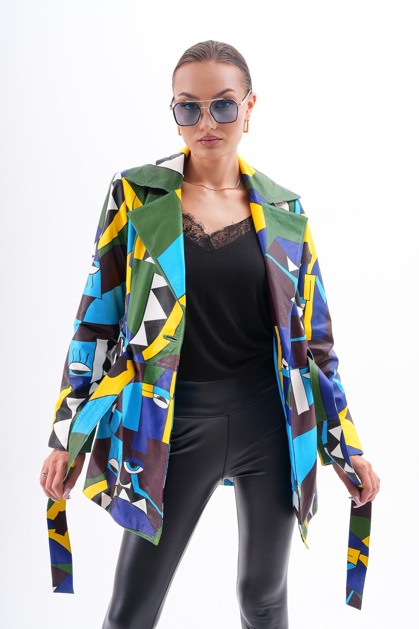 Sienna Abstract Art Leather Jacket – Blue Green Edition - Vinci Leather
