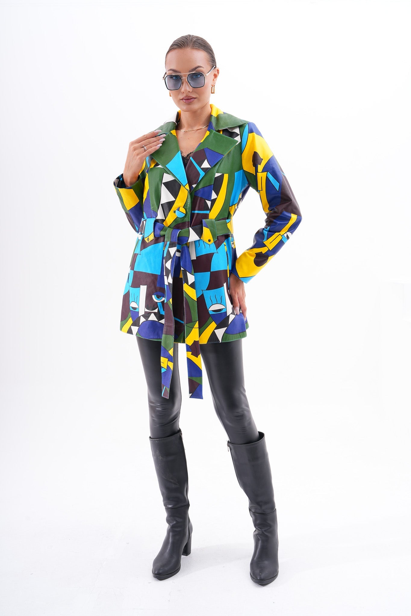 Sienna Abstract Art Leather Jacket – Blue Green Edition - Vinci Leather