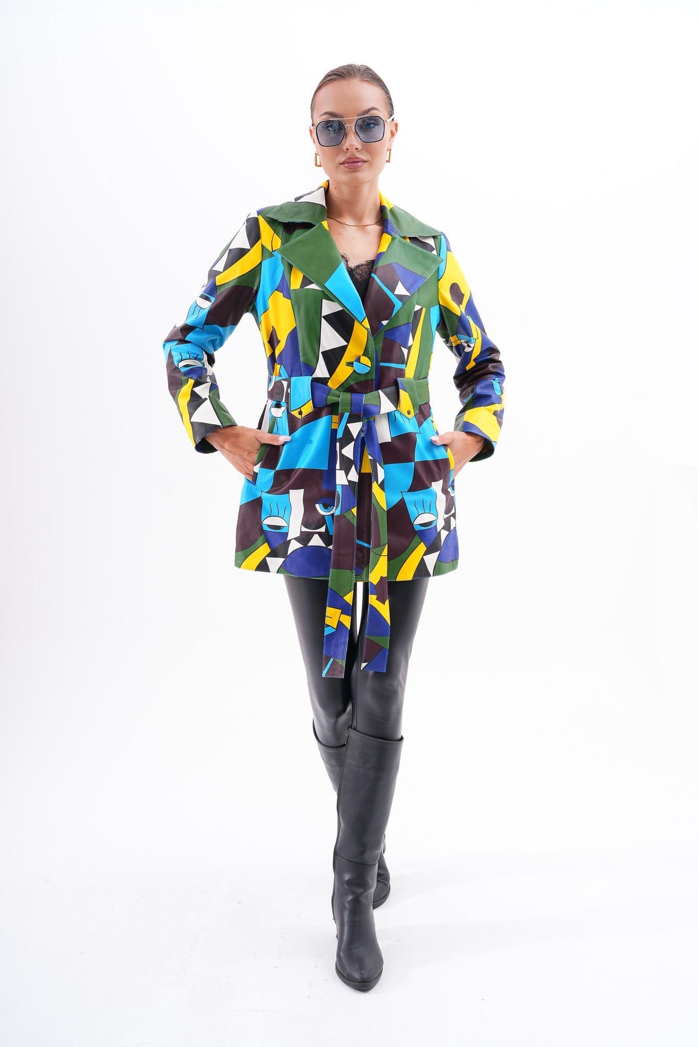 Sienna Abstract Art Leather Jacket – Blue Green Edition - Vinci Leather