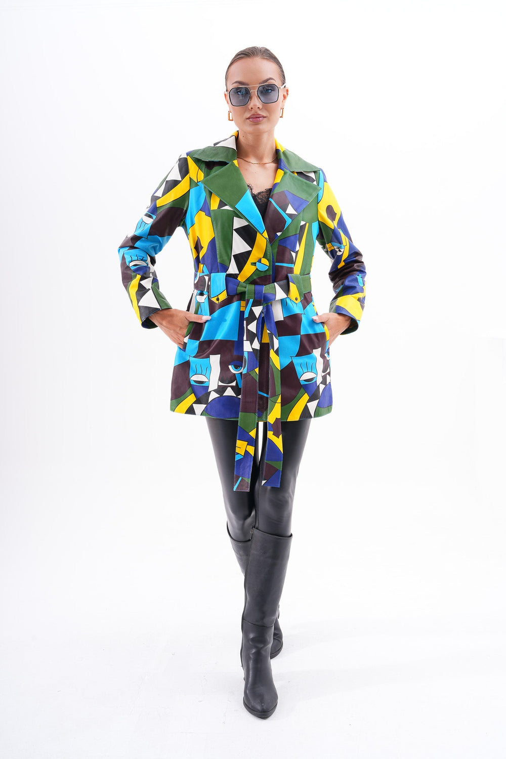 Sienna Abstract Art Leather Jacket – Blue Green Edition - Vinci Leather