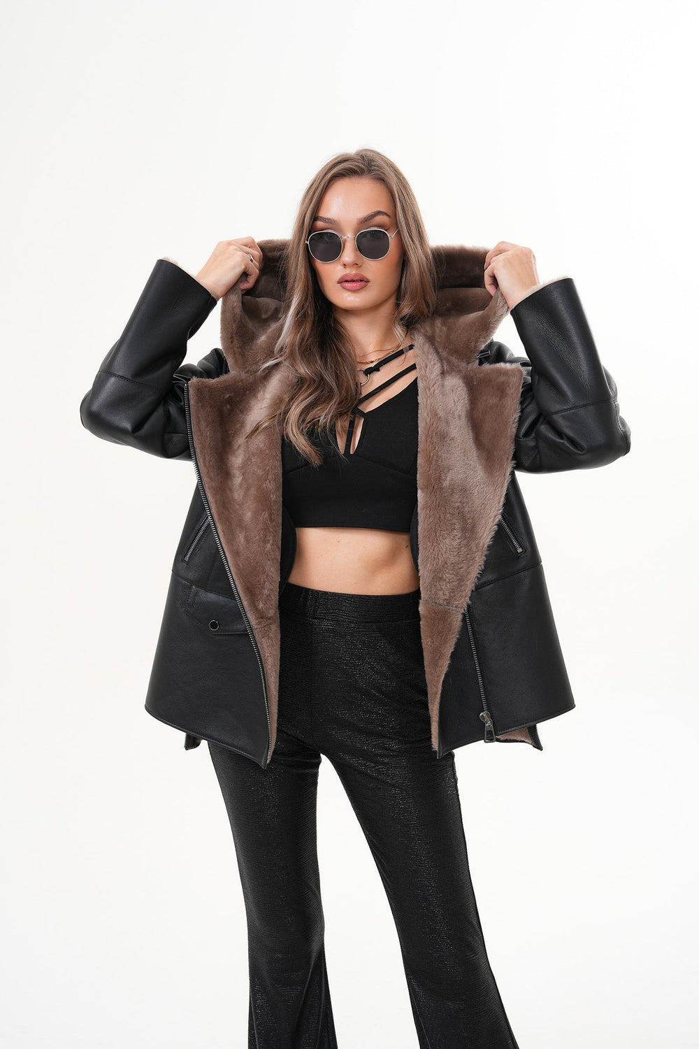 The Duchess Shearling Brown Leather Hooded Jacket - Vinci Leather