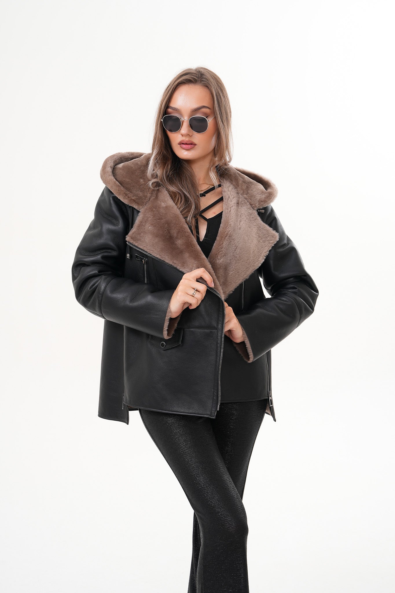 The Duchess Shearling Brown Leather Hooded Jacket - Vinci Leather