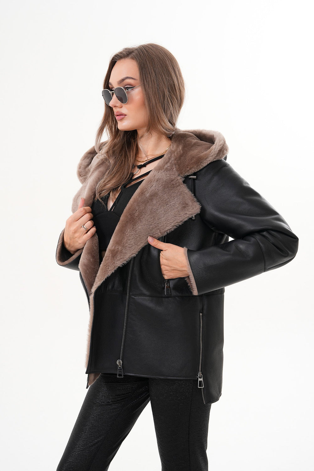 The Duchess Shearling Brown Leather Hooded Jacket - Vinci Leather