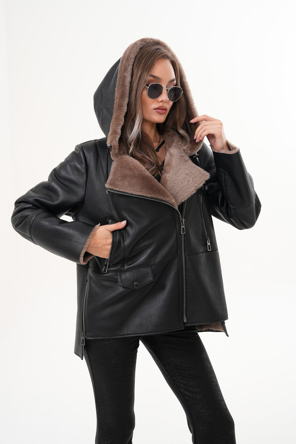 The Duchess Shearling Brown Leather Hooded Jacket - Vinci Leather