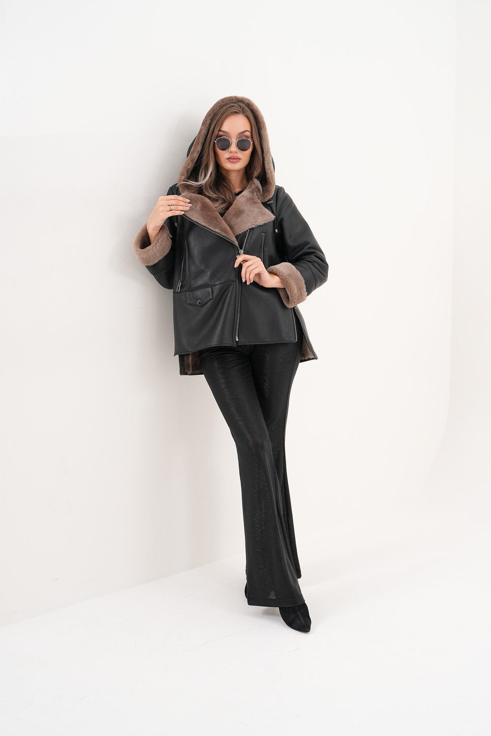 The Duchess Shearling Brown Leather Hooded Jacket - Vinci Leather