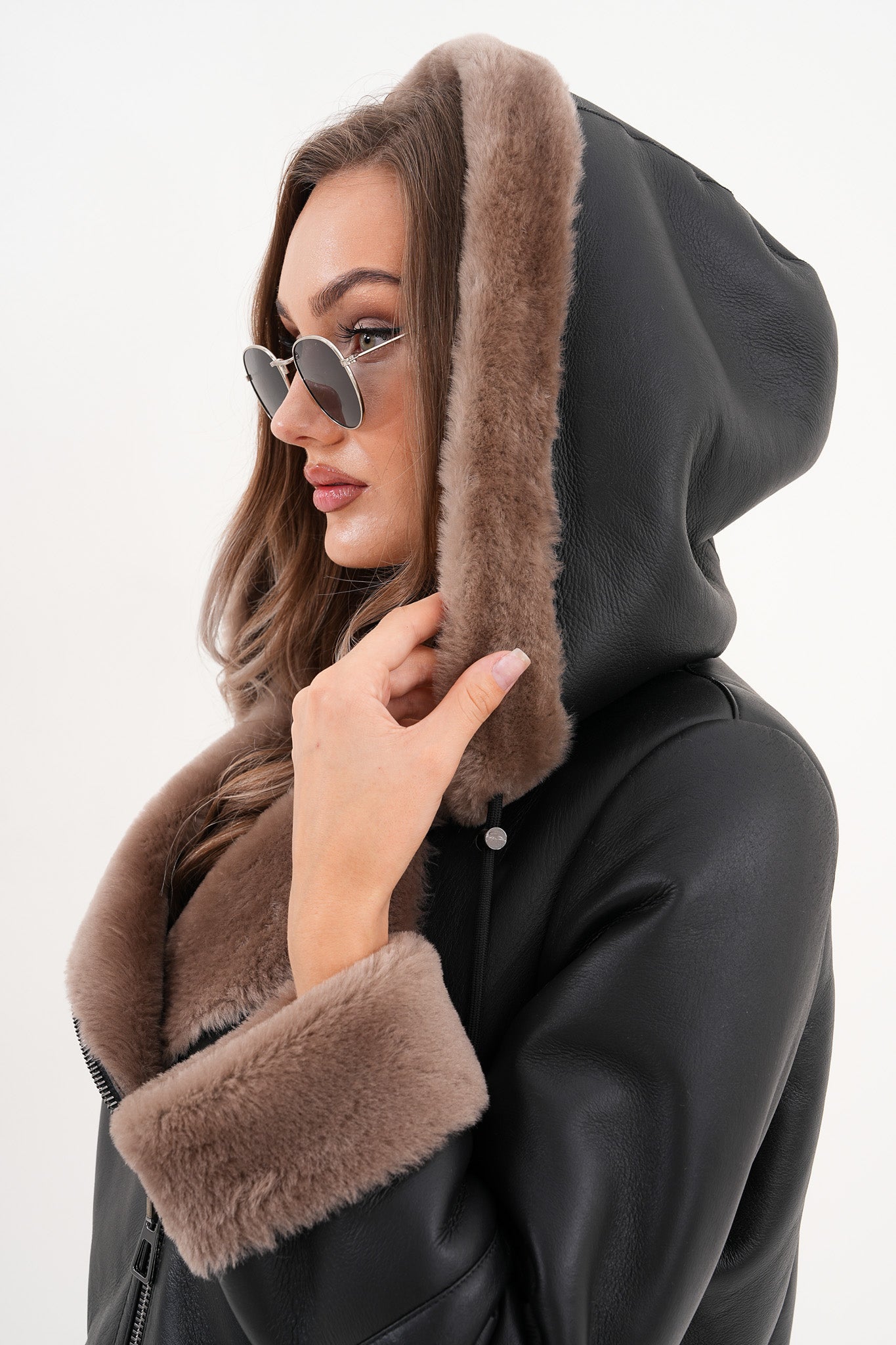 The Duchess Shearling Brown Leather Hooded Jacket - Vinci Leather