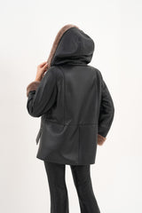 The Duchess Shearling Brown Leather Hooded Jacket - Vinci Leather