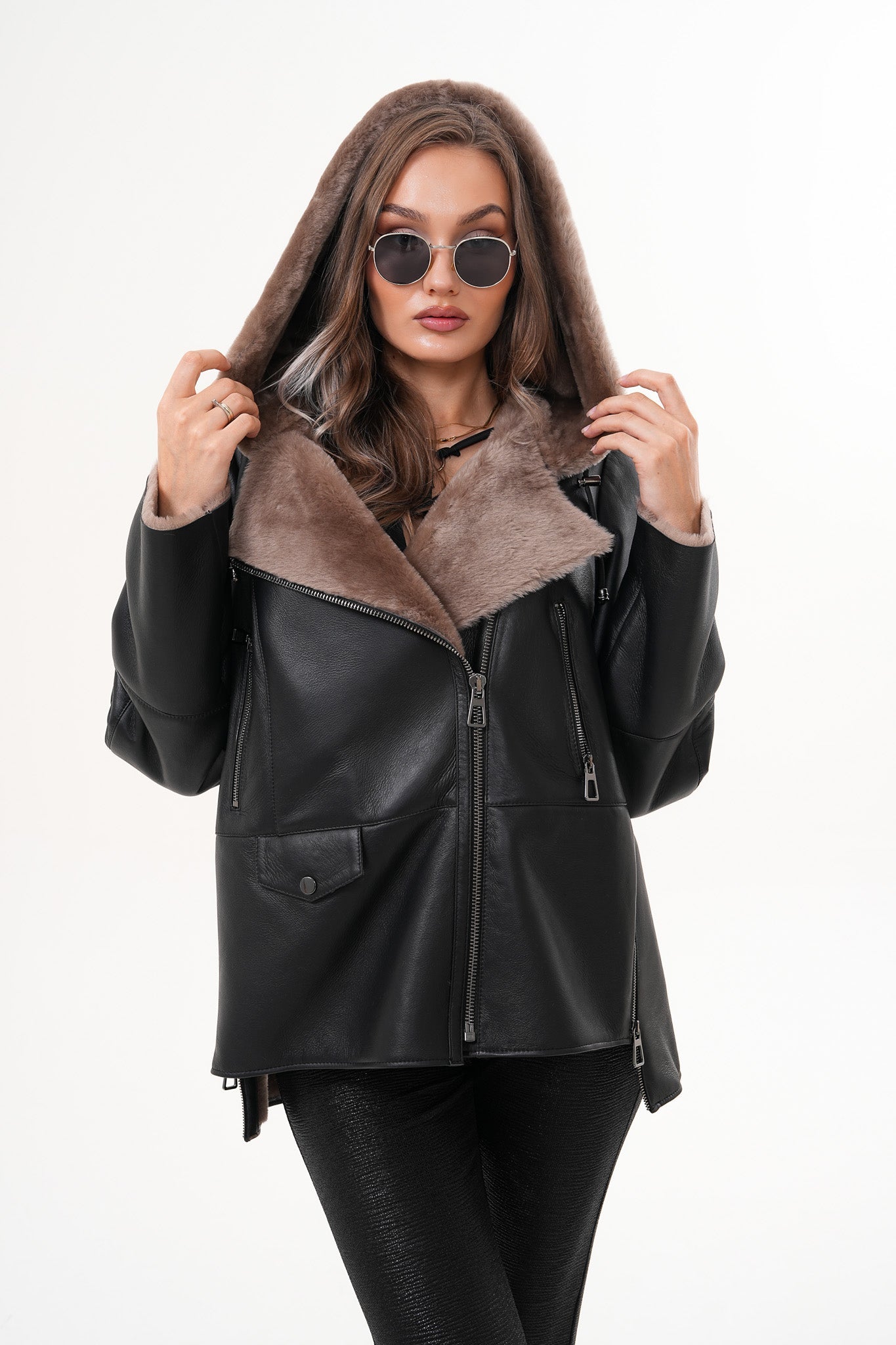 The Duchess Shearling Brown Leather Hooded Jacket - Vinci Leather