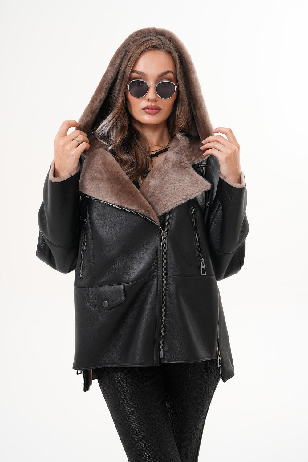 The Duchess Shearling Brown Leather Hooded Jacket - Vinci Leather