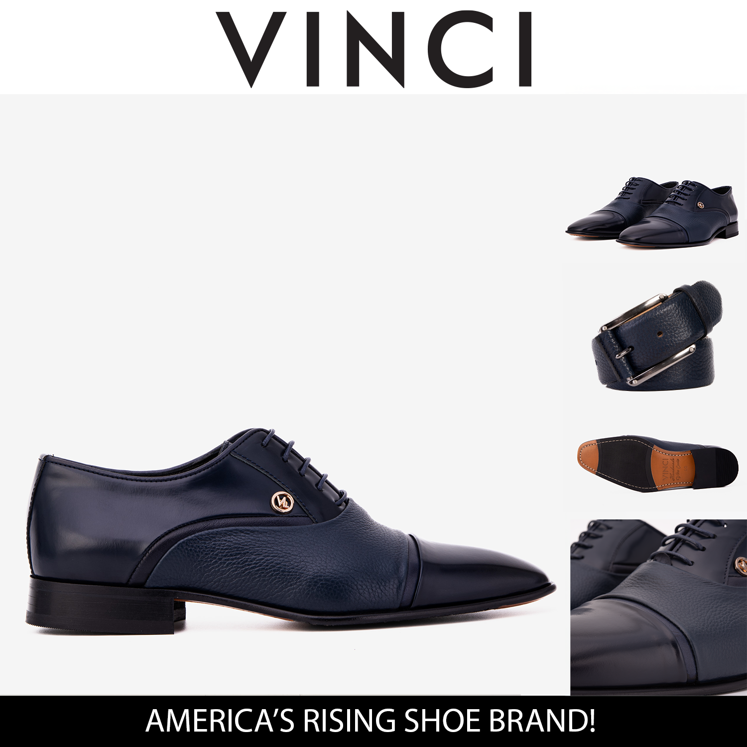 The Rockwell Handmade Navy Blue Leather Cap Toe Oxford Shoe - Vinci Leather