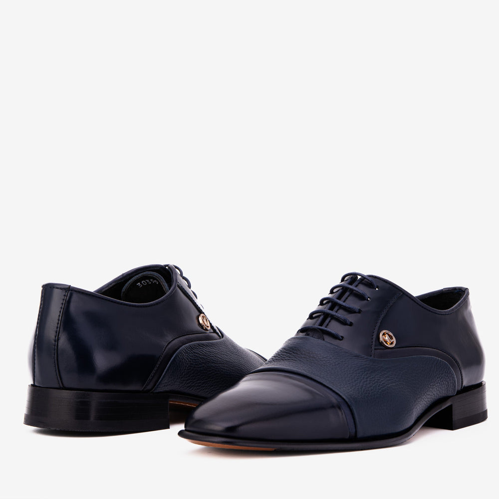 The Rockwell Handmade Navy Blue Leather Cap Toe Oxford Shoe - Vinci Leather
