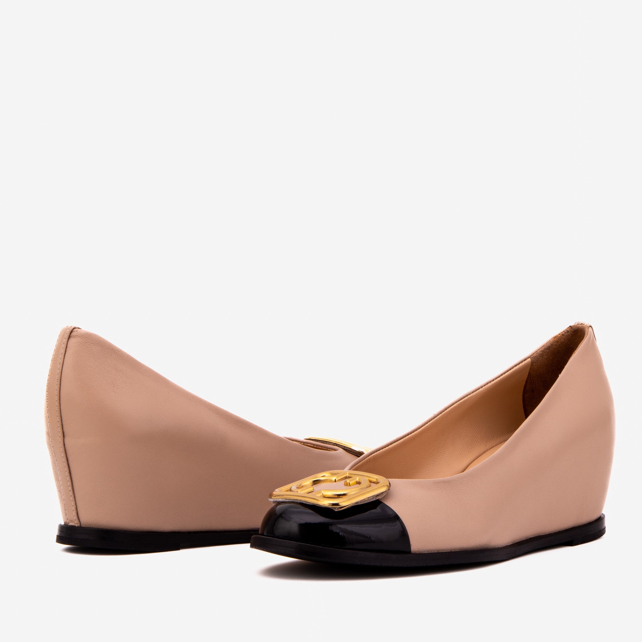 The Selene Beige Black Leather Wedge Heel Shoe - Vinci Leather
