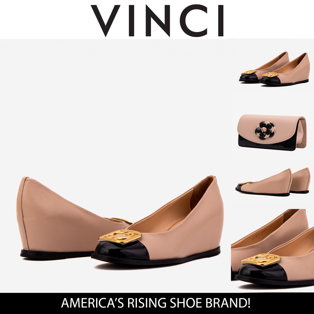 The Selene Beige Black Leather Wedge Heel Shoe - Vinci Leather