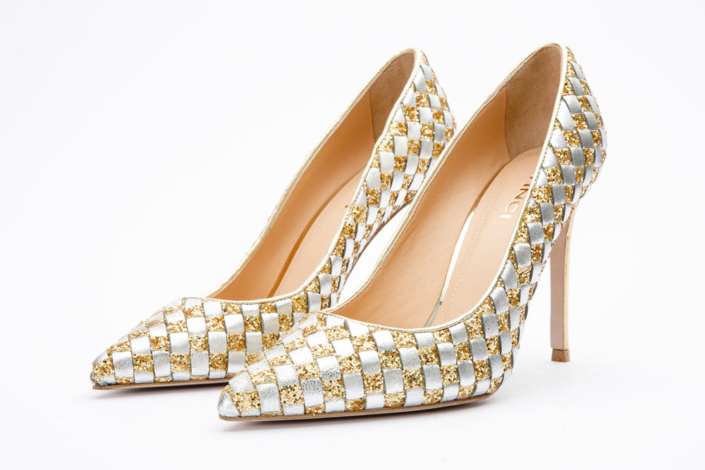 The Saks Tory Gold Silver Handwoven Leather Pump Shoe - Vinci Leather