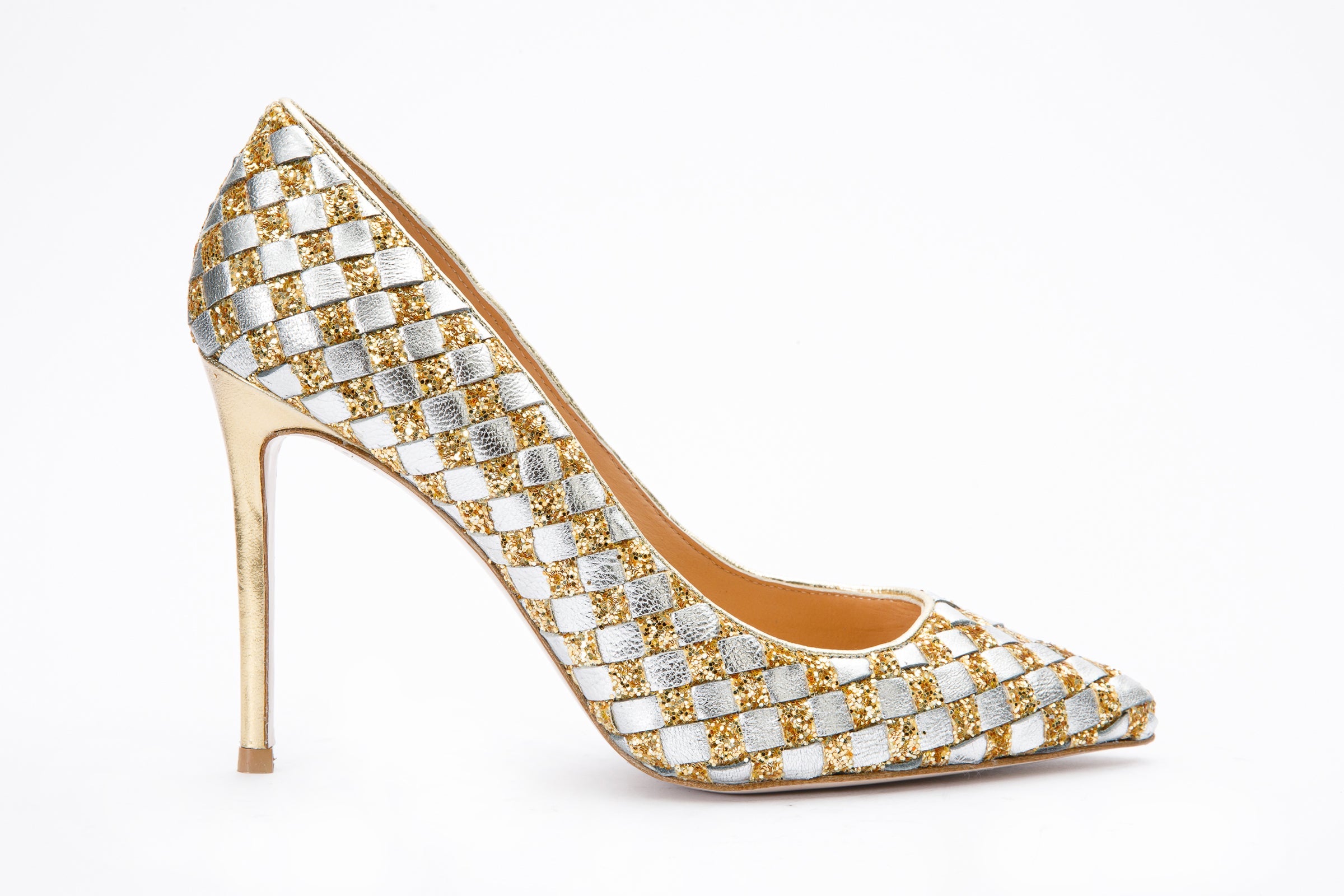 The Saks Tory Gold Silver Handwoven Leather Pump Shoe - Vinci Leather