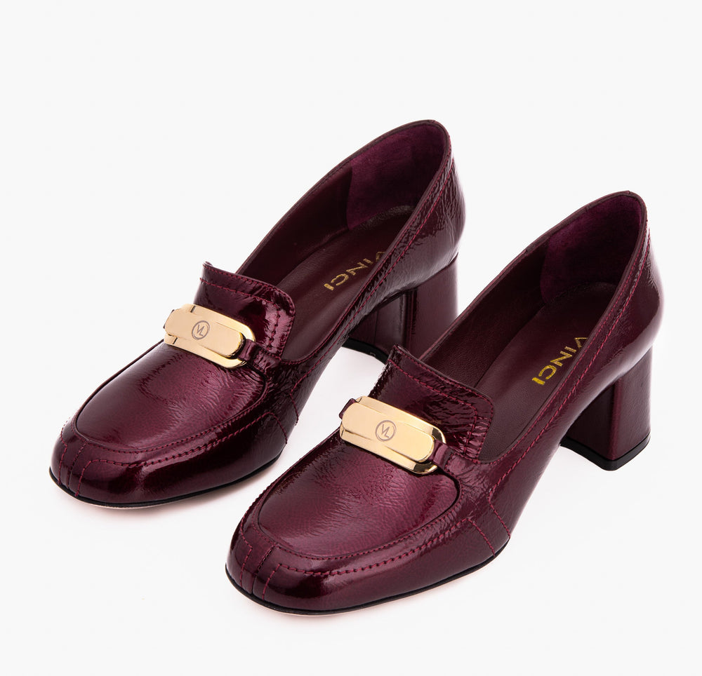 The Victoria Burgundy Leather Block Heel Pump Shoe - Vinci Leather