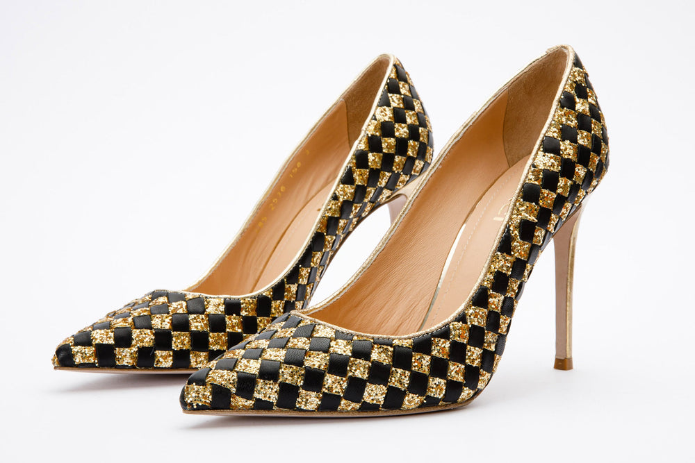 The Saks Tory Gold Black Handwoven Leather Pump Shoe - Vinci Leather