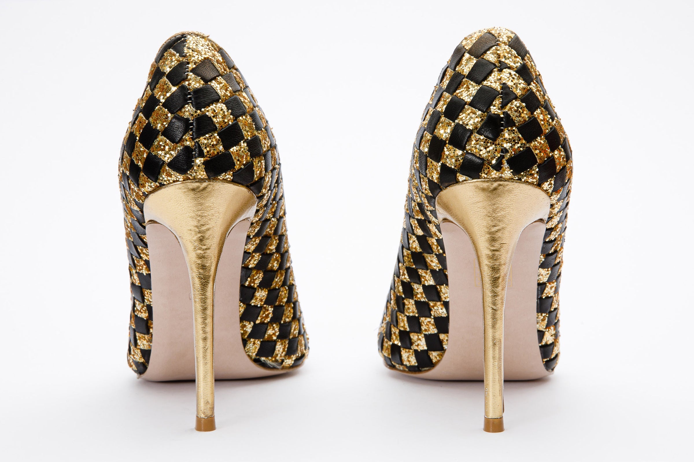 The Saks Tory Gold Black Handwoven Leather Pump Shoe - Vinci Leather