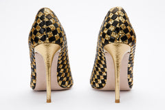 The Saks Tory Gold Black Handwoven Leather Pump Shoe - Vinci Leather