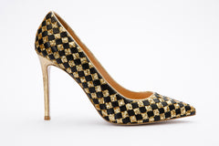 The Saks Tory Gold Black Handwoven Leather Pump Shoe - Vinci Leather