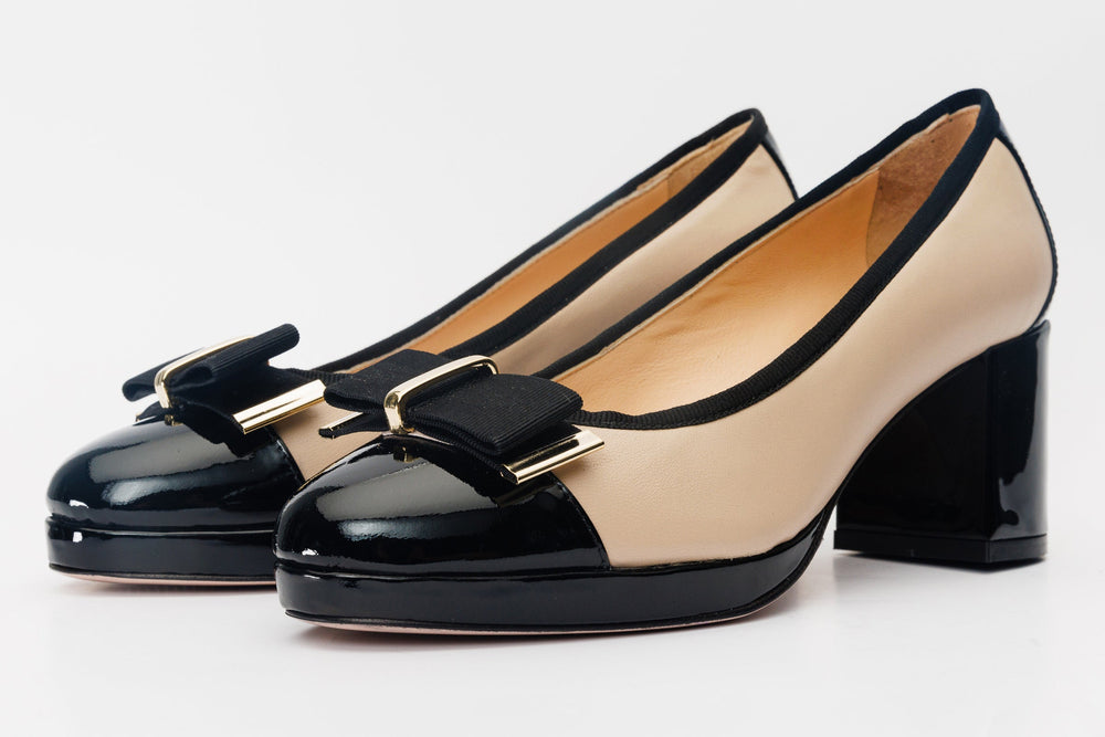 The Fano Beige Leather Cap Toe Block Heel Pump Shoe - Vinci Leather