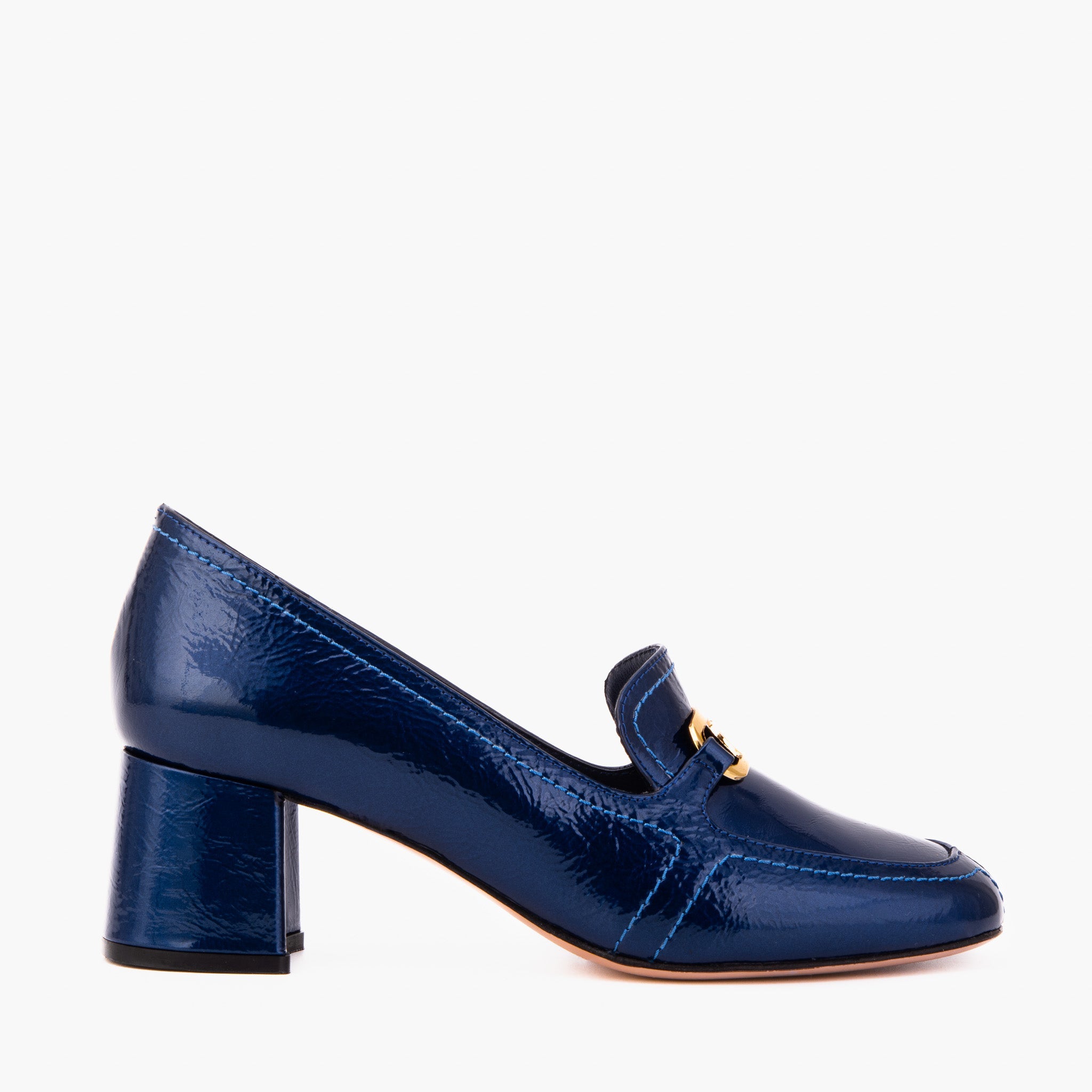 The Victoria Navy Blue Leather Block Heel Pump Shoe - Vinci Leather