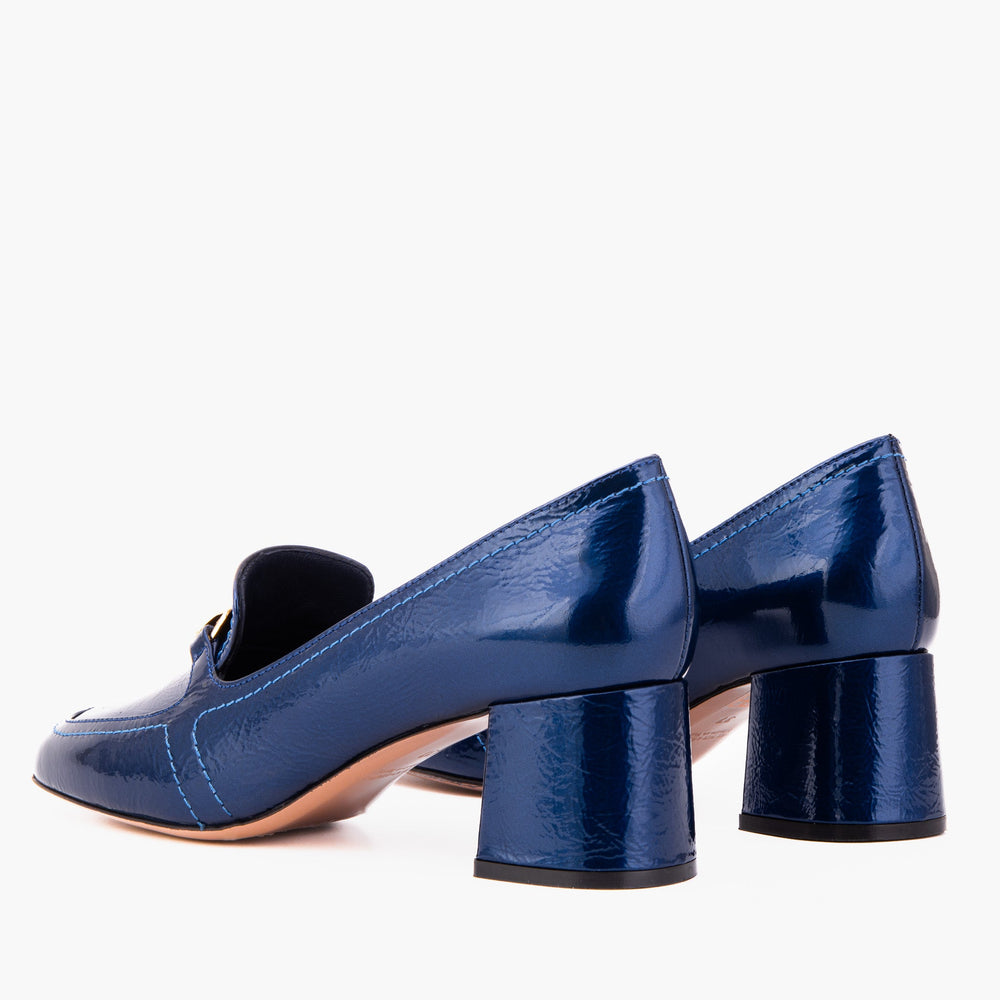The Victoria Navy Blue Leather Block Heel Pump Shoe - Vinci Leather