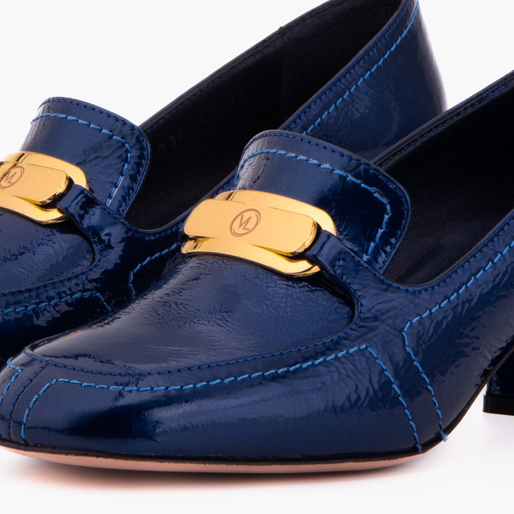The Victoria Navy Blue Leather Block Heel Pump Shoe - Vinci Leather