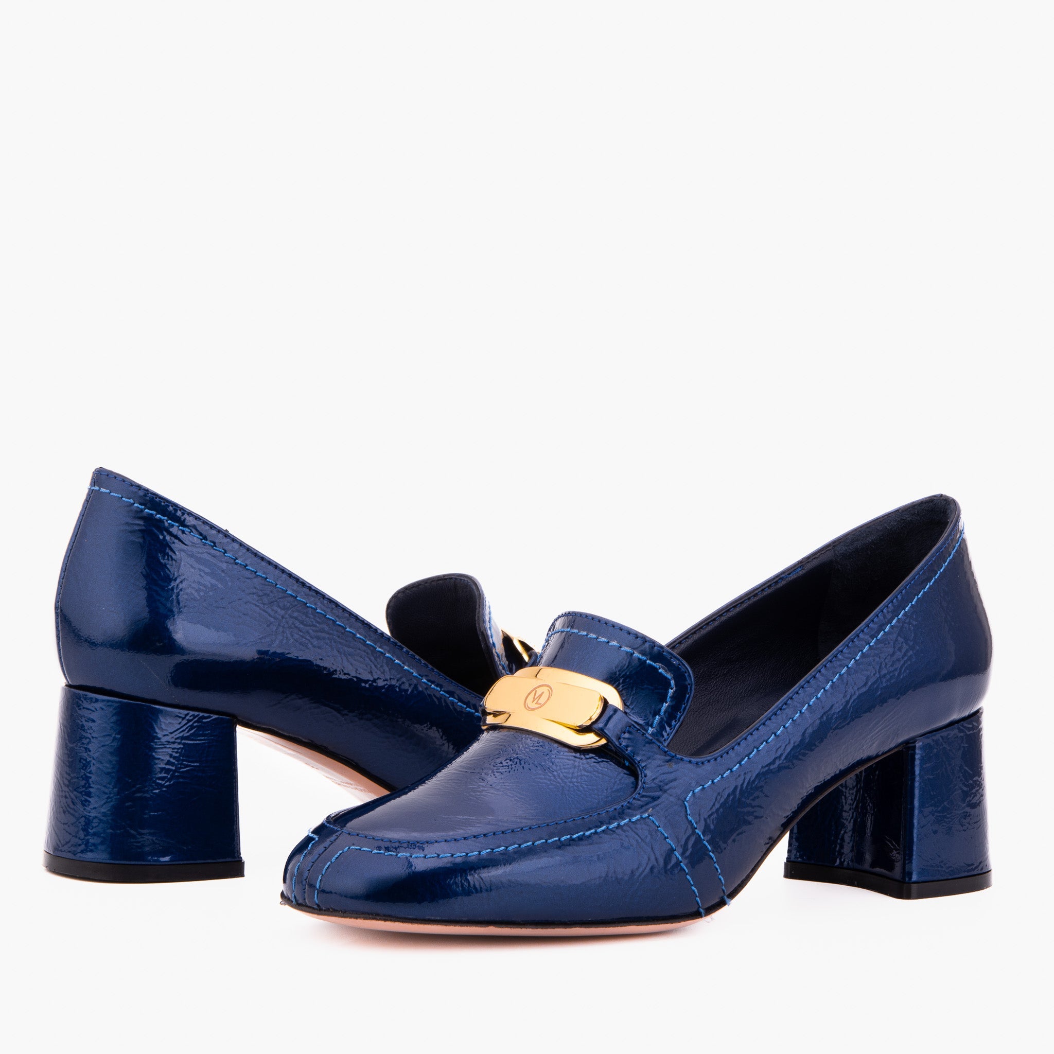 The Victoria Navy Blue Leather Block Heel Pump Shoe - Vinci Leather