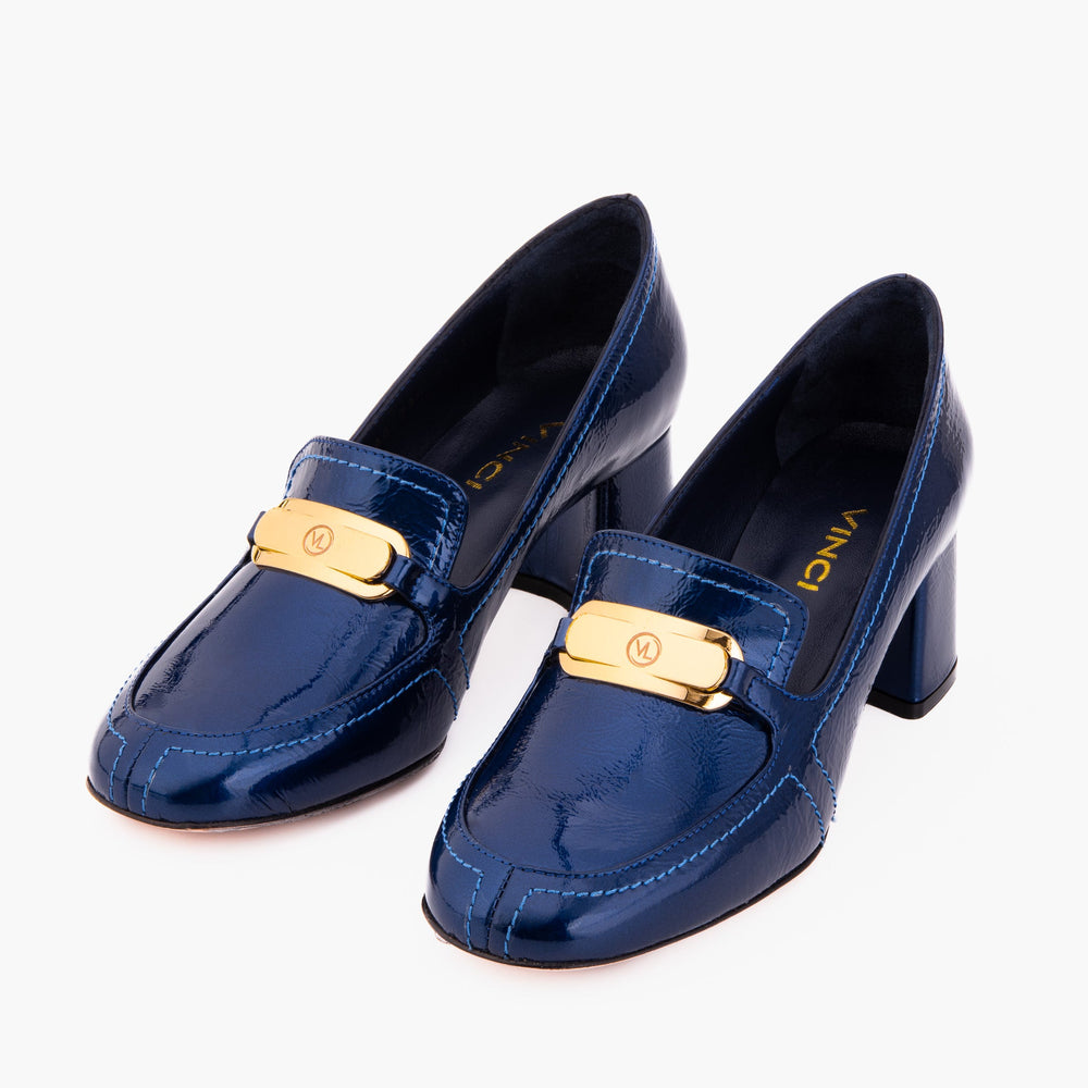 The Victoria Navy Blue Leather Block Heel Pump Shoe - Vinci Leather