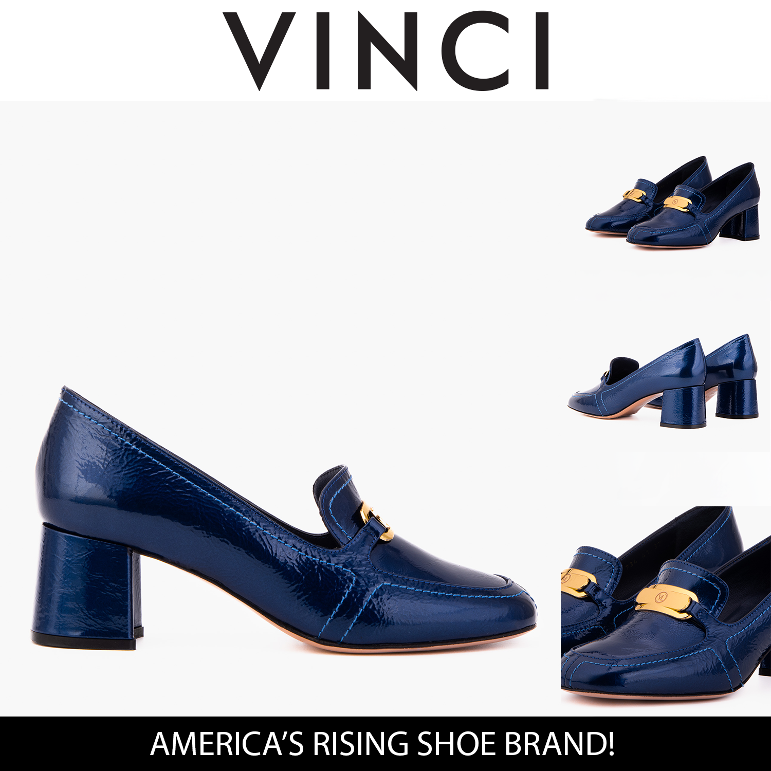 The Victoria Navy Blue Leather Block Heel Pump Shoe - Vinci Leather