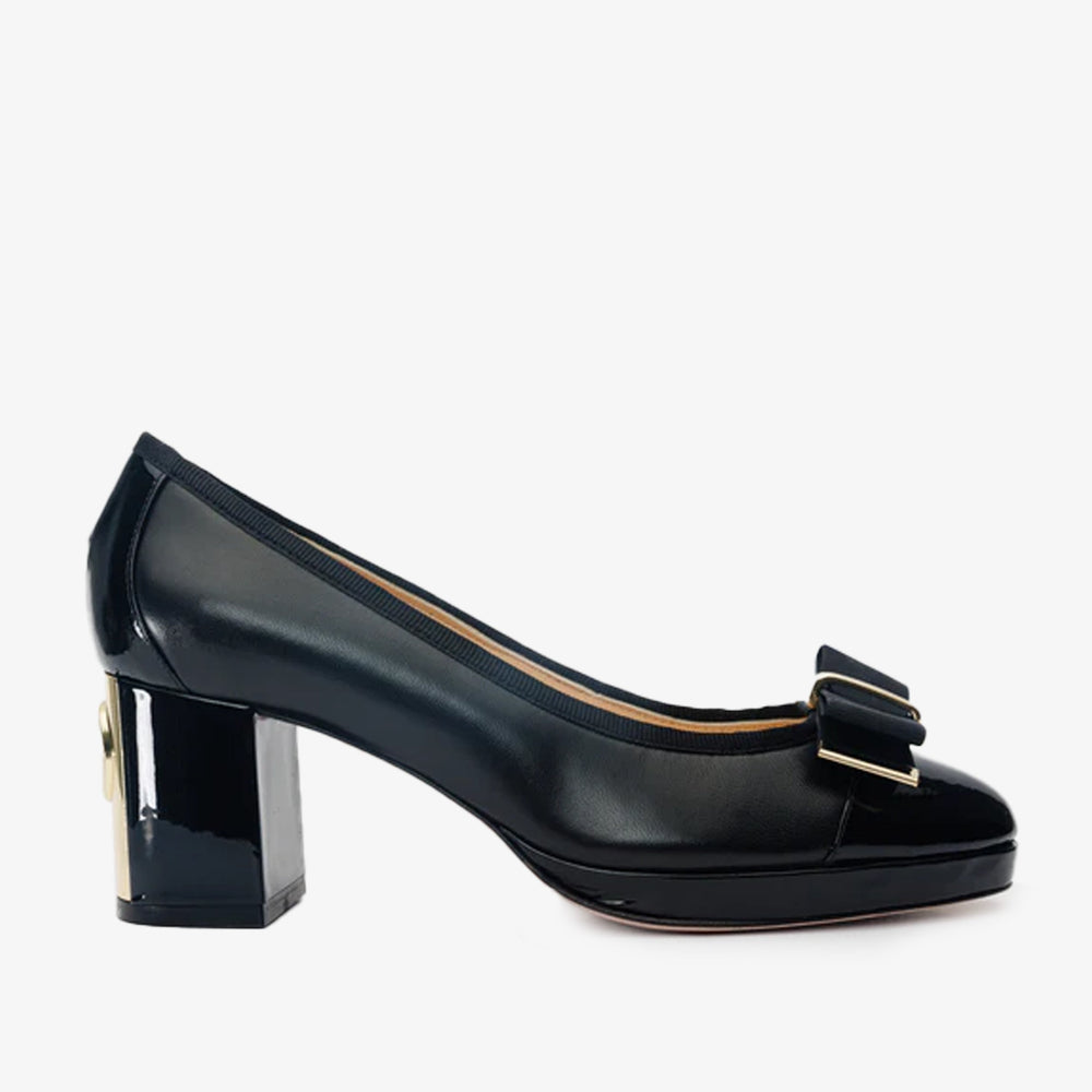 The Fano Black Leather Cap Toe Block Heel Pump Shoe - Vinci Leather
