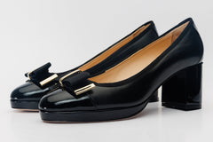 The Fano Black Leather Cap Toe Block Heel Pump Shoe - Vinci Leather