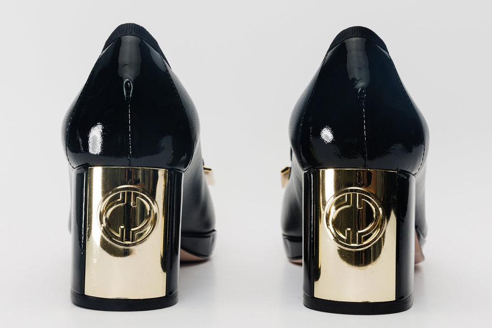 The Fano Black Leather Cap Toe Block Heel Pump Shoe - Vinci Leather