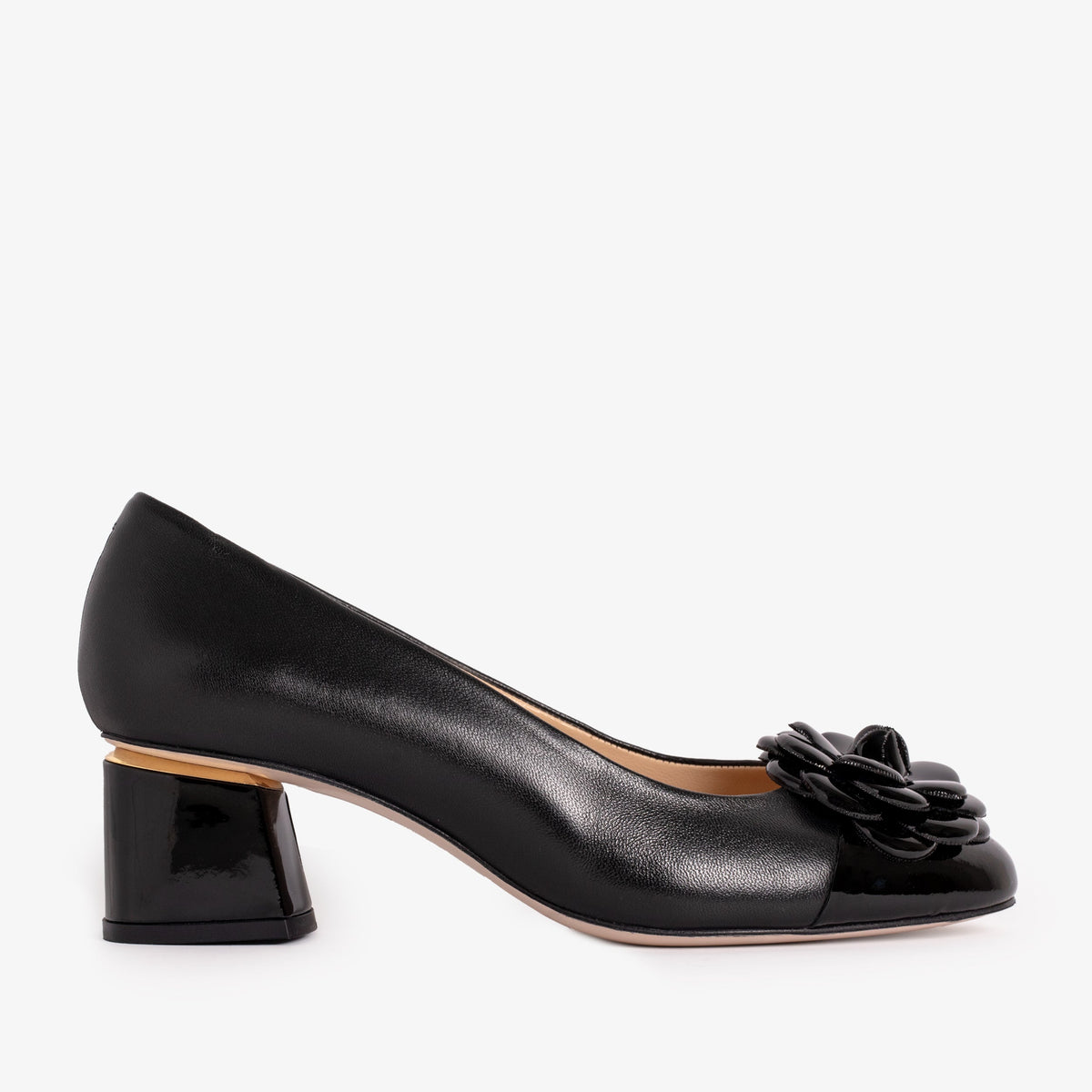 The Diva Black Leather Cap Toe Block Heel Pump Shoe - Vinci Leather