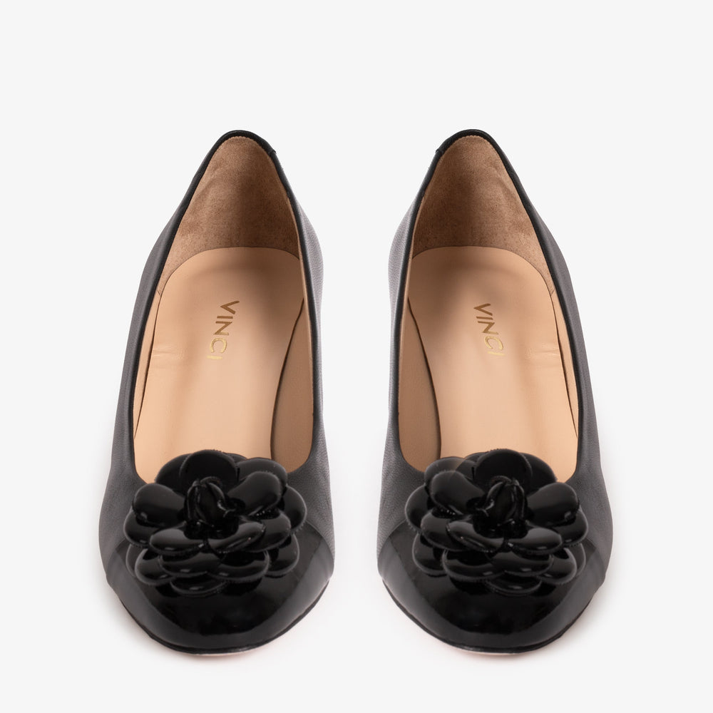 The Diva Black Leather Cap Toe Block Heel Pump Shoe - Vinci Leather