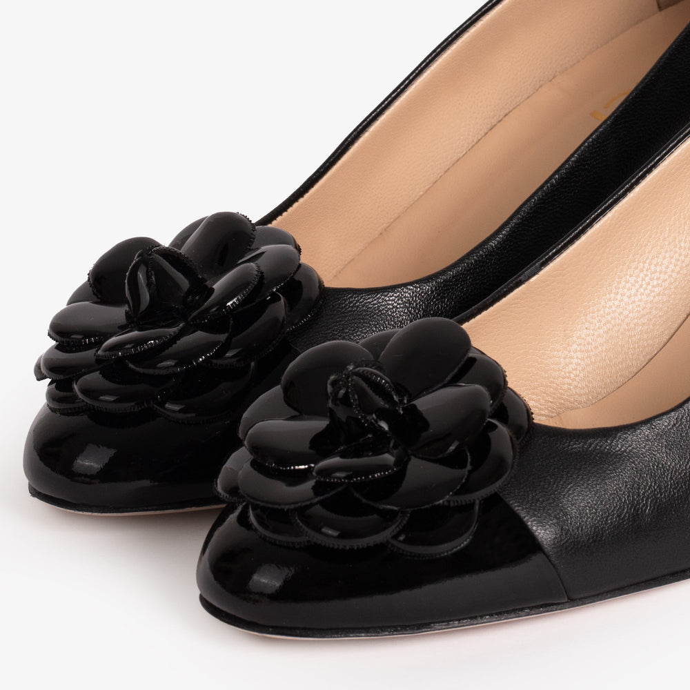 The Diva Black Leather Cap Toe Block Heel Pump Shoe - Vinci Leather