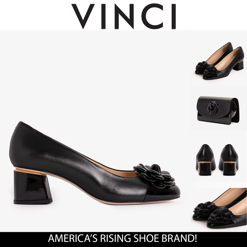 The Diva Black Leather Cap Toe Block Heel Pump Shoe - Vinci Leather
