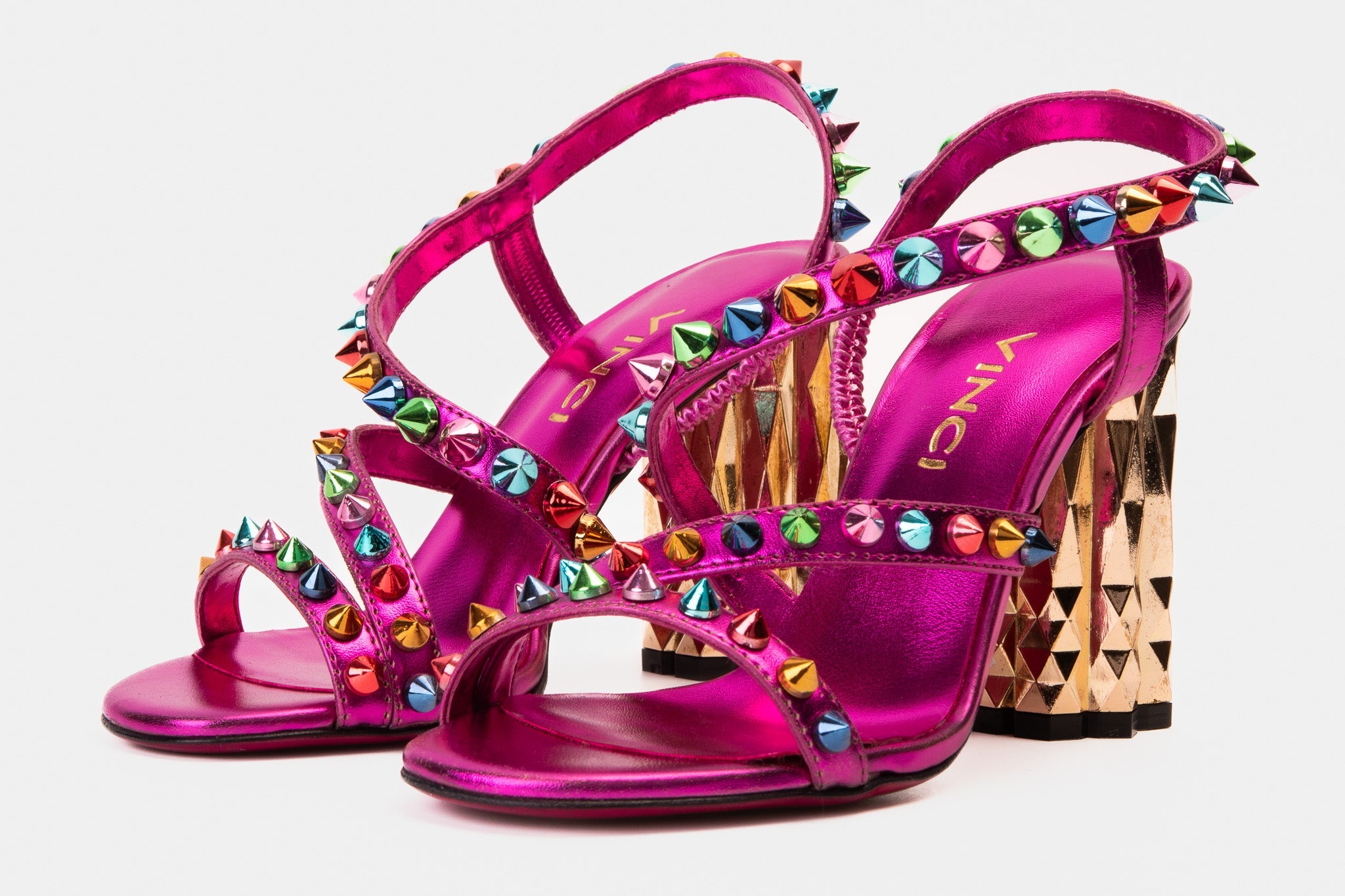 The Caris Fuchsia Block Heel Spike Leather Sandal Final Sale! - Vinci Leather