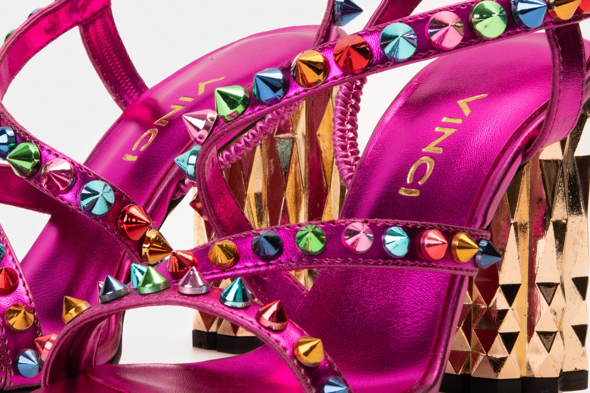 The Caris Fuchsia Block Heel Spike Leather Sandal Final Sale! - Vinci Leather